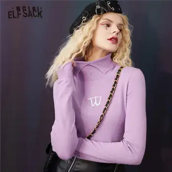 

ELFSACK Black Embroidery Korean Women Knit Pullovers Sweaters,2020 Autumn ELF Purple Full Sleeve,Casual Ladies Basic Daily Top