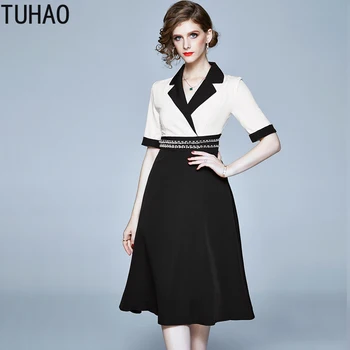 

TUHAO OL White Black Dress Women Office Lady Clothes 2020 Summer Short Sleeve Work OL Party Midi Work Formal Dress Clothes WM62