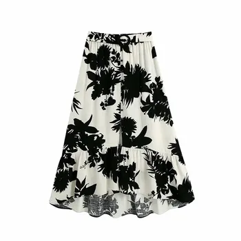 

Summer Women Casual Za Black Ink Painting Print Long Skirts With Belt Female 2020 High Waist Single Breasted Linen Skirt Femme