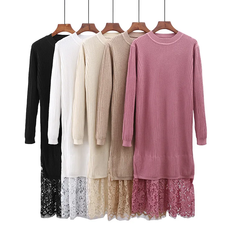 

Autumn Winter Dress Elegant Ladies O Neck Long Sleeve Sweater Knitted Midi Dress High Elstic Patchwork Lace Warm Women Dress