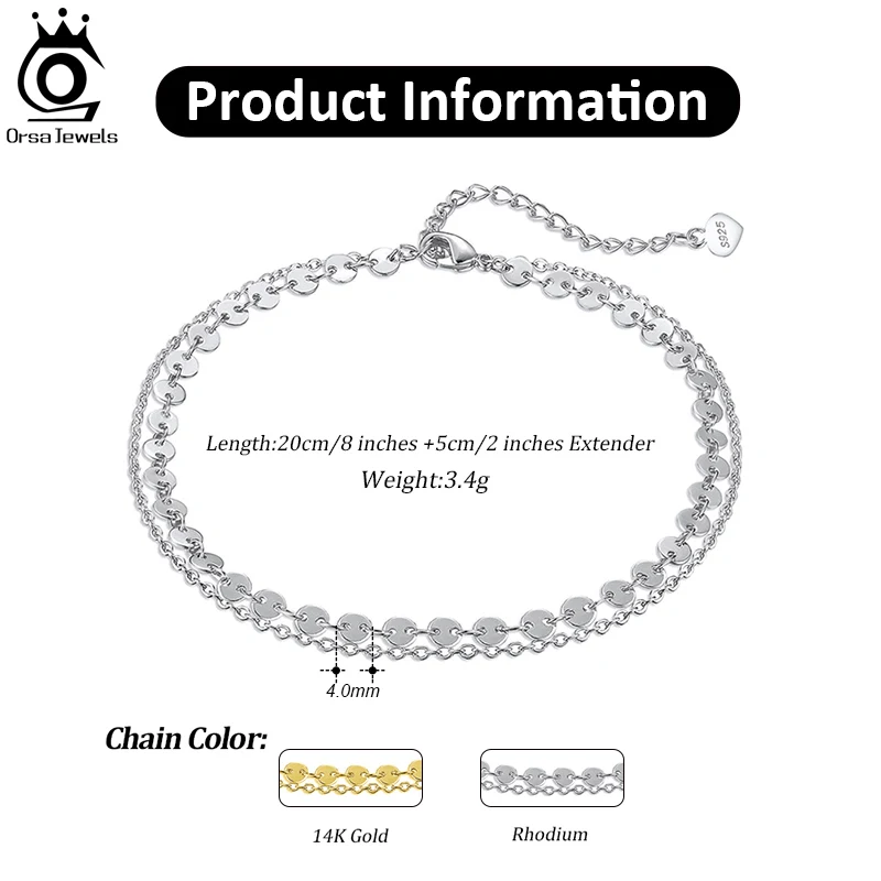 ORSA JEWELS 925 Sterling Silver Coin Cable Layered Chain Anklets for Women Fashion Summer Foot Chain Bracelet Jewelry SA15
