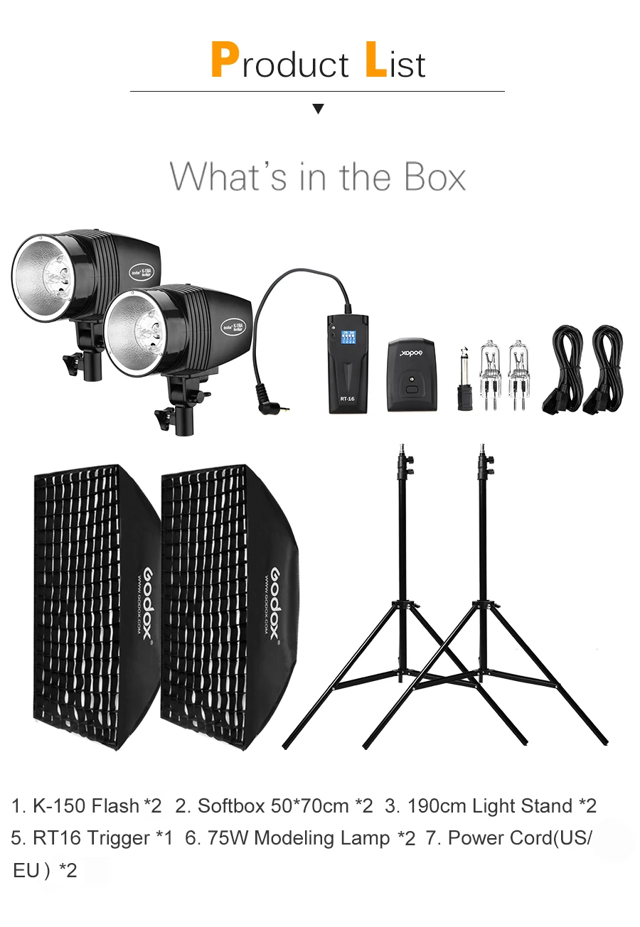 Godox 2x K-150A 300Ws строб студия комплект для вспышки+ 2x50x70 см Honeycomb софтбокс с решеткой+ RT-16 триггер+ 2x190 см для фотостудии