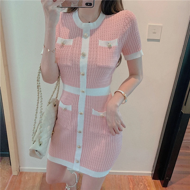 

Button Knitted Dress Bodycon Mini Vestido club Korean Summer Sexy Party Elegant Pink 2020 Casual Sweater Dress Robes Clothes