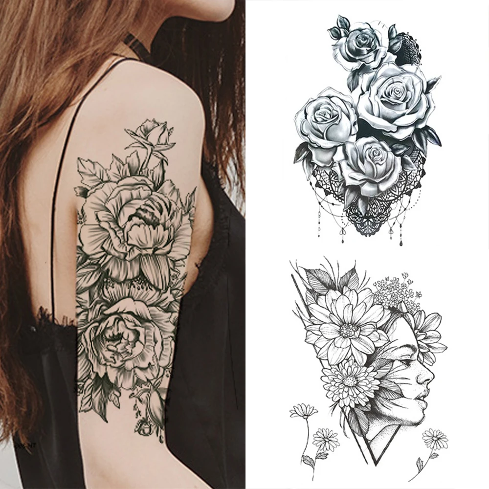 1 шт., модная женская временная татуировка, наклейка, черные розы, дизайн, полный цветок, рука, боди-арт, большая, поддельная татуировка, наклейка