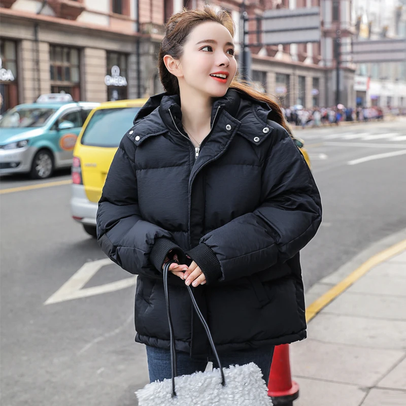 Модная новая осенне-зимняя куртка женская куртка с капюшоном короткая тонкая однотонная парка на молнии теплая Студенческая зимняя верхняя одежда - Цвет: black