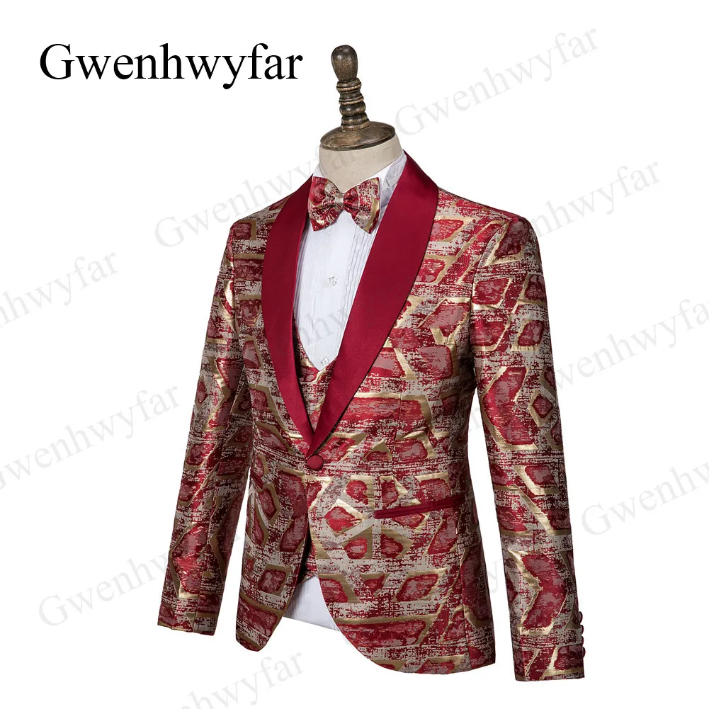 Gwenhwyfar Мужская мода шаль нагрудные 3 шт. набор красный жаккард свадебные костюмы жениха качество жаккард банкет смокинг для мужчин