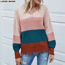 

Irregular Loose V-neck Pullover Sweater Casual Outerwear Tops Women Patchwork Striped Knitwear Jumper Long Sleeve Warm Autumn