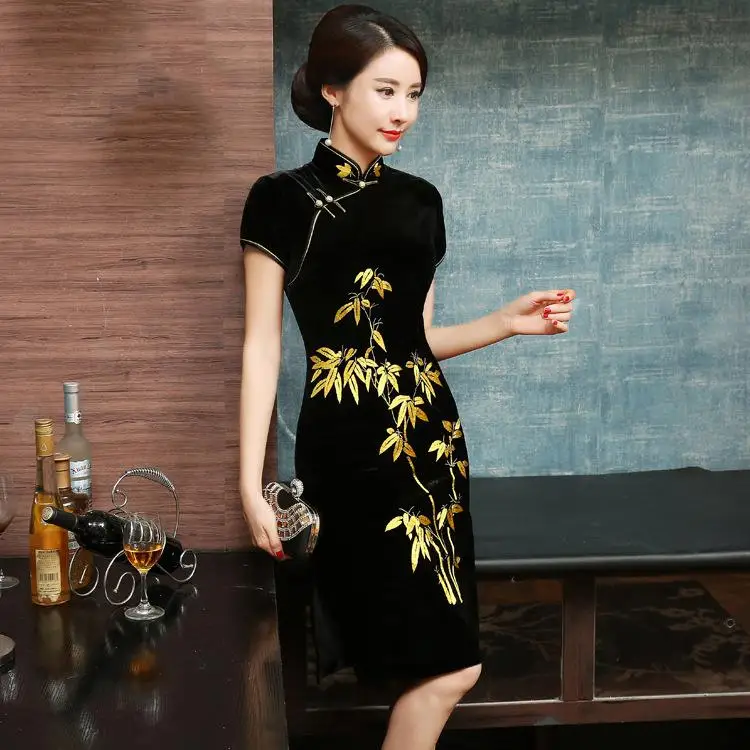 Вышивка листья леди китайское платье бархат Китайский воротник Qipao платье сексуальный Cheongsam вечернее платье для осени новое платье - Цвет: Black B