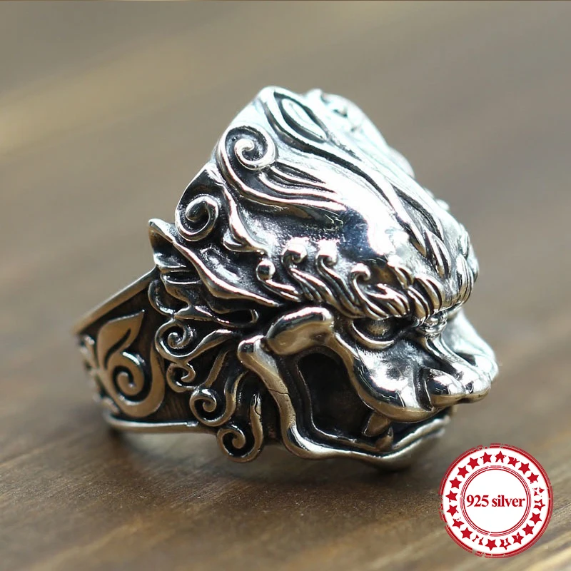 

S925 sterling silver men's open ring personalized classic retro fashion series carved lion modeling gifts to send lover