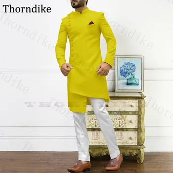 

Thorndike Yellow Men Wedding Suit Stand Colar Solid Slim Indian Style Wedding Party Suit Custom Made Asymmetrical Groom Tuxedos