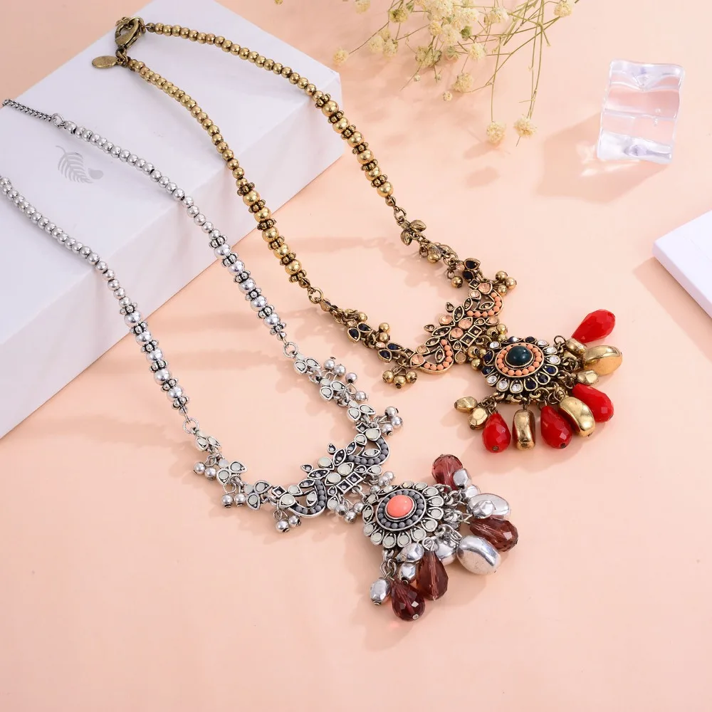 Shineland Bohemian Fashion Ethnic Collares Vintage Beads Crystal Tassel Pendant Necklace Earrings For Women Jewelry Set Cheap