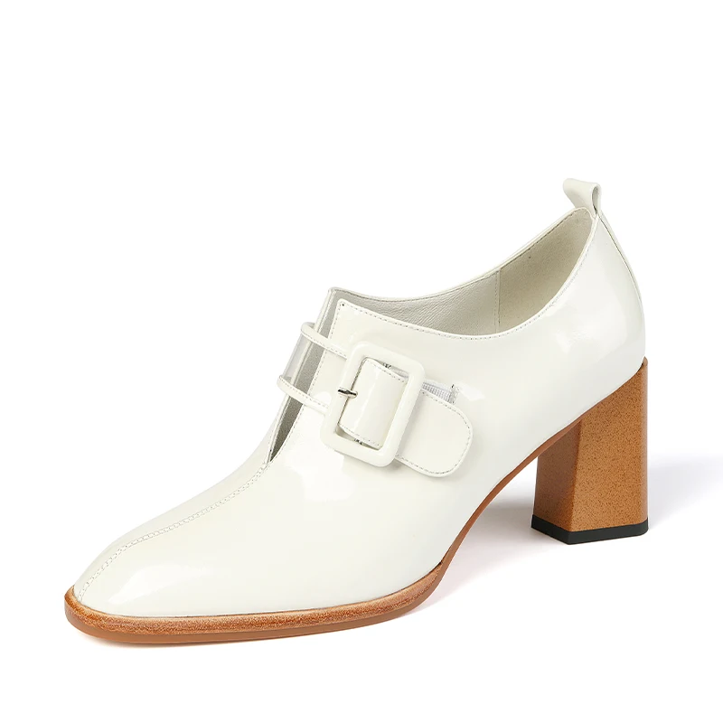 Genuine leather high square heels women shoes buckle spring autumn office ladies shoes size 34-41 black beige dress shoes woman