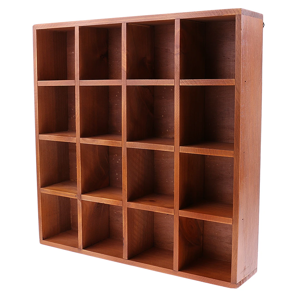 :   Wooden Wall Shelf 16 Cubes Storage Cabinet Wall Mount Space Save for Books CDS Toys Ornament Miniatures Books Photos Holder