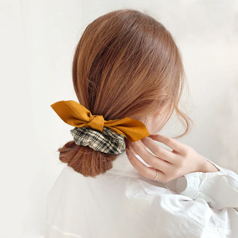 

Rubber Band Plaid Pattern Scrunchies Retro Girls Hair Rope Rabbit Ear Bow Knotted Elastic Hair Band Ponytail Hair Accessories