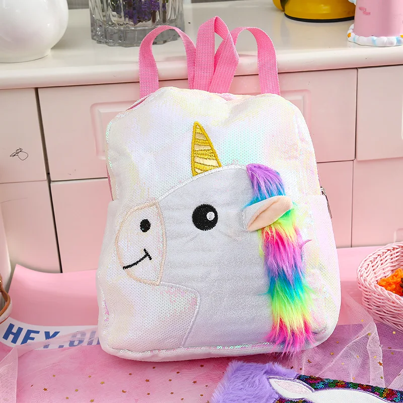 Light Pink Студенческий Блестящий мультяшный рюкзак для девочек, Радужный меховой Единорог, школьная сумка для женщин, Большой Вместительный рюкзак в консервативном стиле с блестками - Цвет: Light Pink