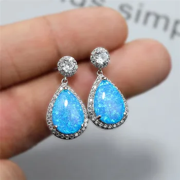 

Blue Fire Opal Water Drop Earrings For Women Wedding Jewelry White CZ Stone Silver Color Dangle Earrings Bridal Engagement Gifts