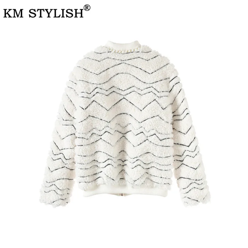 Fall/Winter New Black Wave Pattern Beige Coat White Line Loose Short Thicken Lamb Plush Chain Bezel Crew Neck Jacket Women