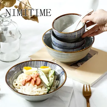 

1 PC Japanese Ceramic Hand-painted Retro Glaze Color Tableware Rice BowlNoodle Soup Big Bowl Tableware