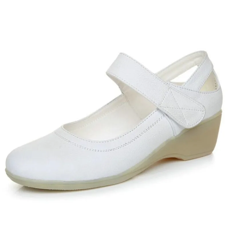 

2022 New Spring Summer Genuine Leather Nurse Shoes Round Head Hollow Wedge Shoes White Concise Casual Shoe Women High Heel Shoes
