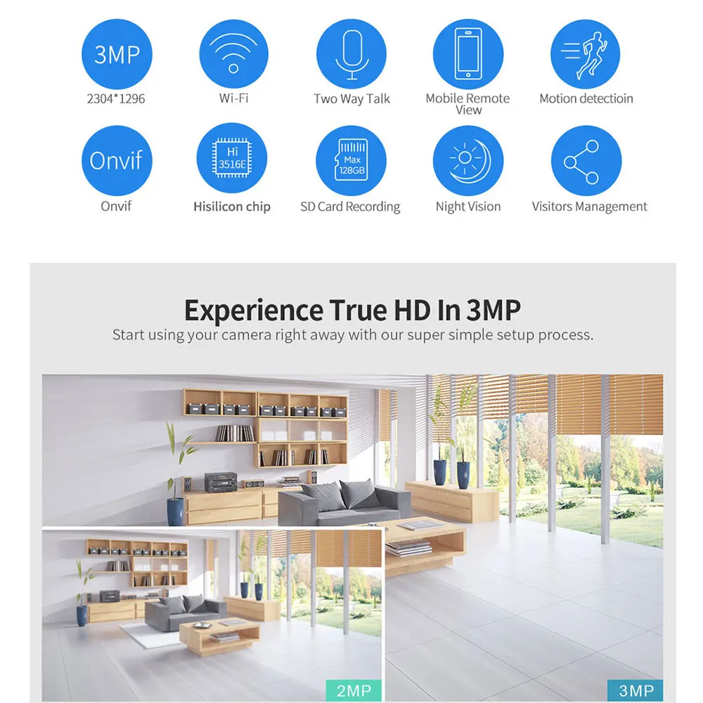 Sricam SH030 3.0MP Dome IP Camera H.265 Security CCTV Wifi Camera Mobile Remote View Two Way Audio Alarm Push ONVIF Work On NVR