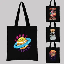 Female Bag Shopping Bag Shoulder Bag Casual Astronaut Print Series Fashion Environmental Protection Black Canvas Student Handbag
