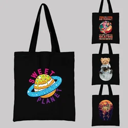 Female Bag Shopping Bag Shoulder Bag Casual Astronaut Print Series Fashion Environmental Protection Black Canvas Student Handbag