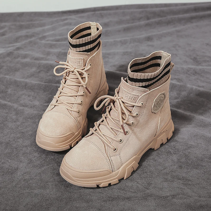 Winter Boots Women Thick Bottom Snow Boots Lace Up Platform Sneaker Martin Booties Ankle Military Boots Warm Women Shoes P162 - Цвет: beige for autumn