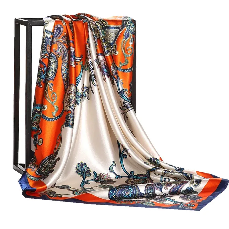 Floral Print Head Scarf For Women Silk Satin Hijab Scarfs Orange Red 90*90cm Square Neckerchief Headband Scarves For Ladies 4