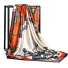 Floral Print Head Scarf For Women Silk Satin Hijab Scarfs Orange Red 90*90cm Square Neckerchief Headband Scarves For Ladies 4