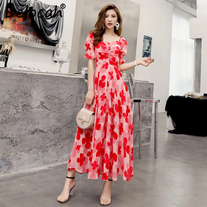 

Delocah New Women Autumn Dress Runway Fashion Lantern Sleeve Draped Printed Collect Waist Elegant Casual Holiday Maxi Dresses