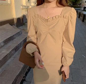

YAMDI vintage square collar solid dress midi women 2020 spring summer long puff sleeve elegant ruffle female party vestidos new