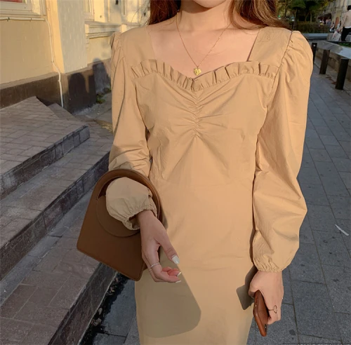 Женское платье миди YAMDI винтажное однотонное с квадратным воротником весна лето