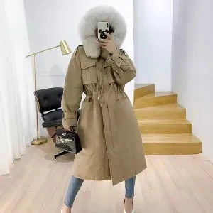 Bella philosophy Winter Fox Collar Windbreaker lady Down Jacket Women Medium Long Thicker Hooded Parka Mujer female Loose Jacket - Color: KH