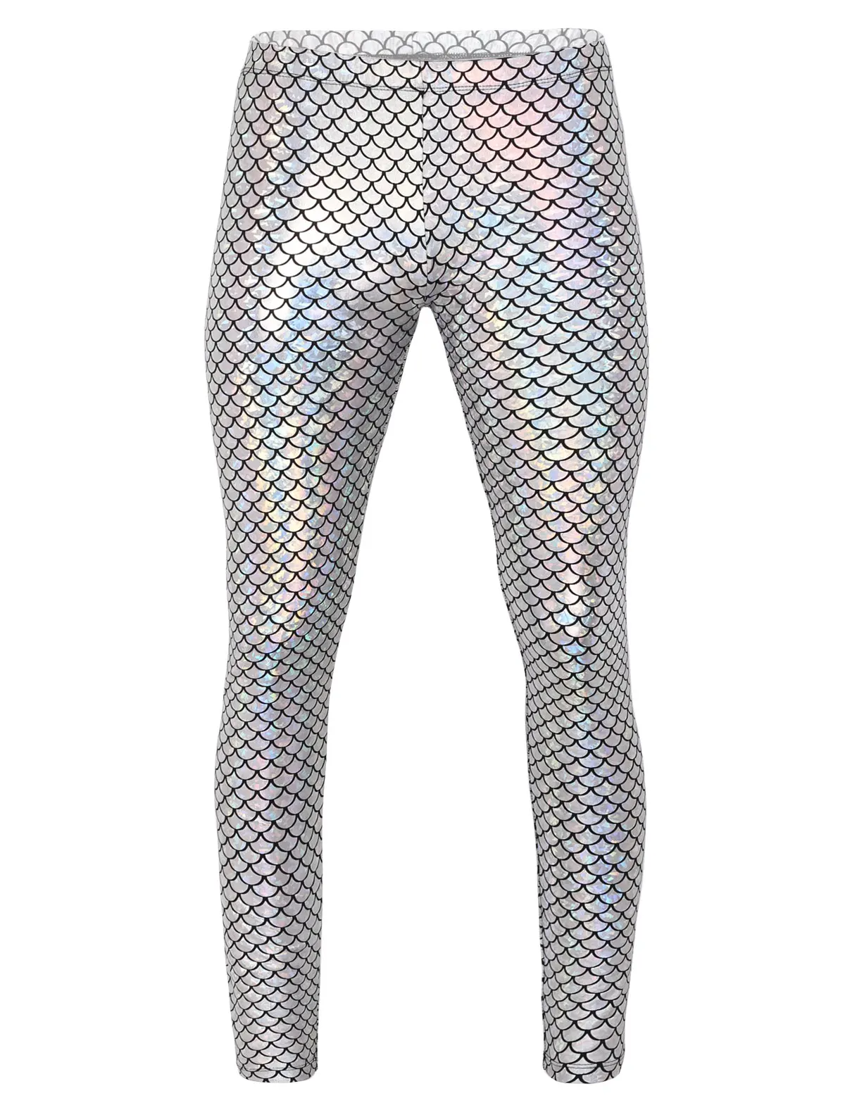 Silver Men Shiny Mermaid Fish Scales Printed Mid Rise Elastic Waistband Skinny Leggings Tights Club Party Festival Rave Dance Costume - Цвет: Silver