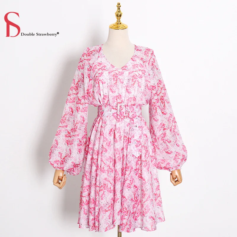 Двойная клубника осень новая мода сексуальное платье с v образным воротом