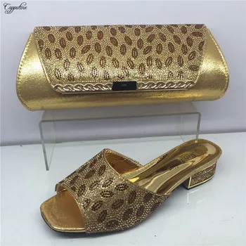 

New arrival party set gold African slipper shoes and purse bag set with rhinestones for lady GY21 heel height 4cm