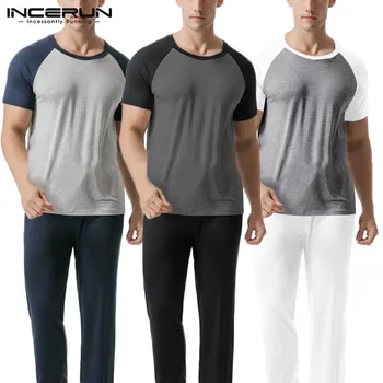 

2020Summer Men Pajamas Set Short Sleeve Shirt Long Pants Pajamas Suits Solid Color Patchwork Sleepwear Casual Loose Homewear 5XL