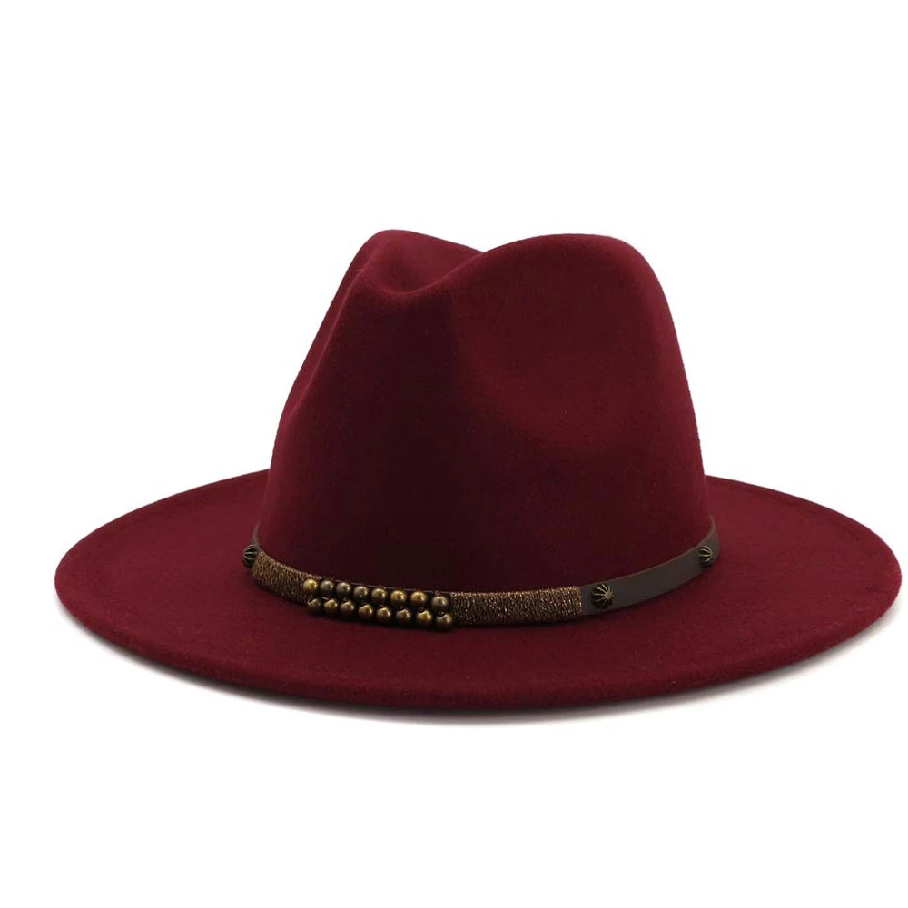 Men Women Fedora Hat With Belt Wide Brim Hat Ladies Winter Hat Pop Jazz Hat - Цвет: Wine Red