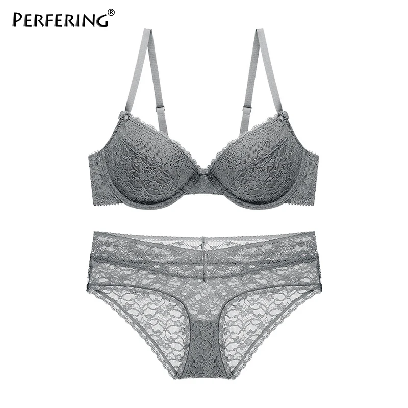 Perfering, сексуальный комплект с бюстгальтером, кружевной, BH, бюстгальтер с глубоким вырезом, женское нижнее белье, пуш-ап, бюстгальтер, женский, Unederwear, серый, черный, бюстгальтер, трусы, наборы