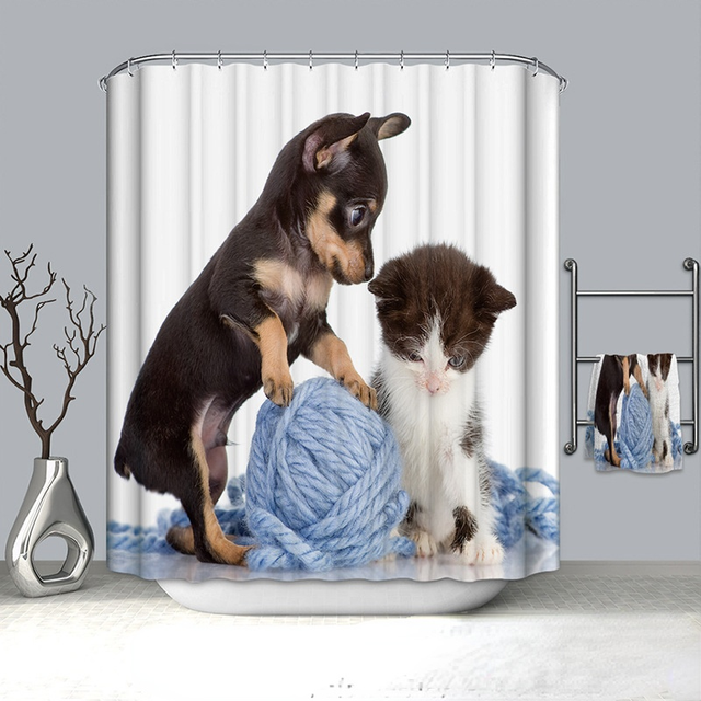 Cat Pattern Shower Curtain 100% Polyester Shower Curtain Waterproof and Mildew-proof Shower Partition Curtain with Hook
