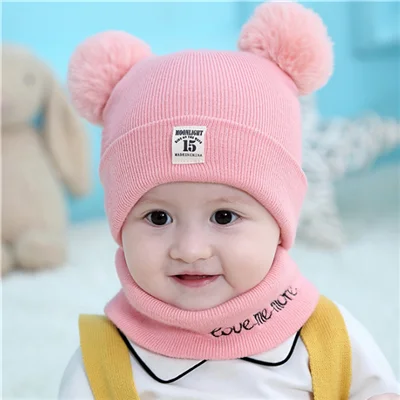 Pink suit Детские шапочки унисекс, шапка, комплект для маленьких детей, одноцветная полосатая шапка и шарф, зимний теплый костюм, комплект для мальчиков и девочек, малышей, студентов - Цвет: Pink suit