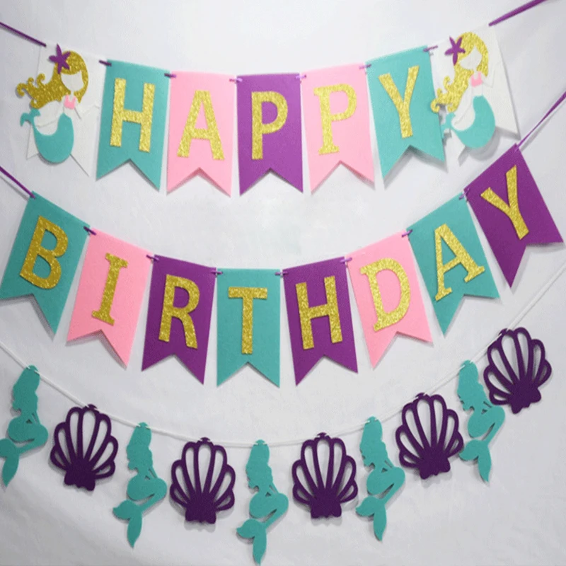 

Bronzing Mermaid Birthday Flag [Happy Hirthday] Home Party Celebration Decoration Banner Summer Sea Party Children kids Happy