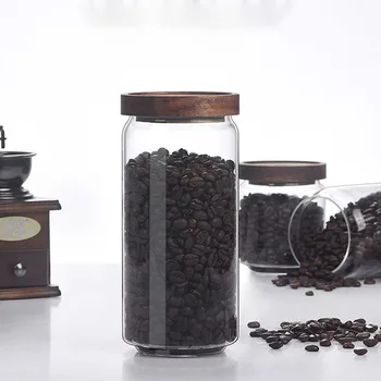 

1PC Glass Storage Containers for Food Wooden Cover Candy Nuts Dry Food Storage Jar Tea Coffee Beans Jars