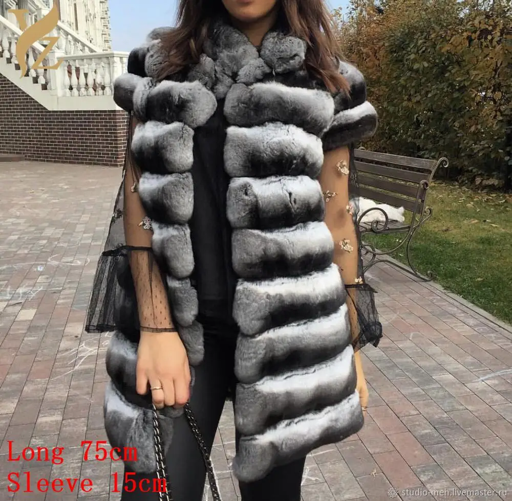 Vest 75cm Шиншилла Настоящий мех кролика пальто леди реглан рукав Lexus Rex Кролик натуральный мех пальто женщина - Цвет: Vest 75cm