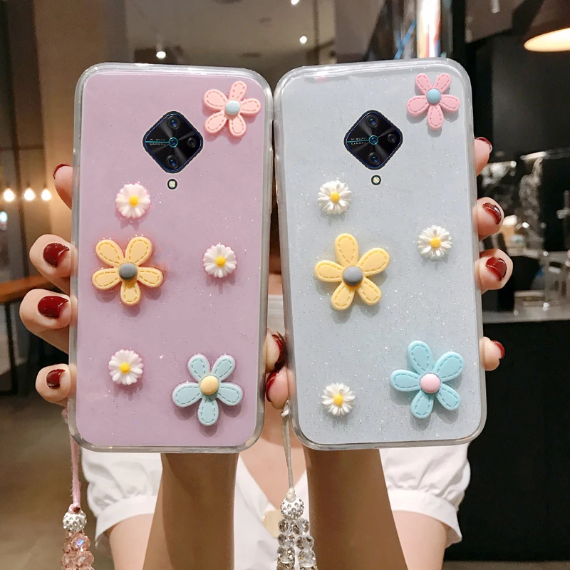 

S1 Pro 3D Bloemen Glitter Phone Case For Vivo V17 Y9s Transparante Bling Soft Tpu Back Cover