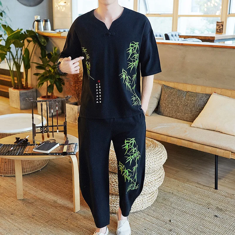 

Spring Summer New Style Lettered Embroidered Cotton Linen Set Men's Chinese-style Popular Brand T-shirt Tops Capri Pants MEN'S S