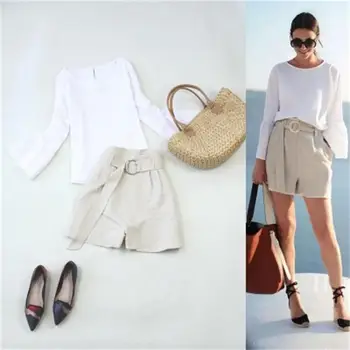 

Fashion suit female summer New high-quality white cotton and linen Loose thin shirt + khaki flax high waist shorts Leisure suit