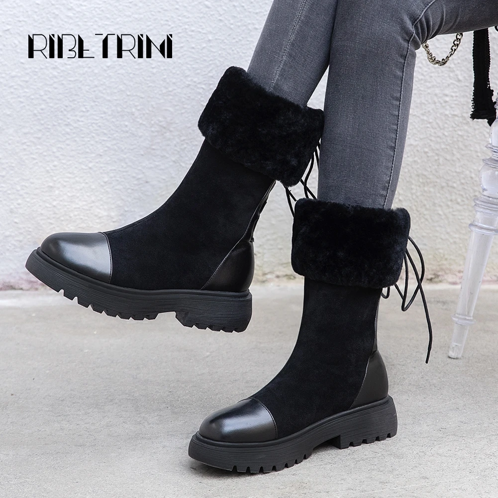 

RIBETRINI Brand Female Round Toe Patchwork Mid Calf Snowshoes Woman Thin Belt Fur Decoration Boots Women 2020 Winter Snow Boots