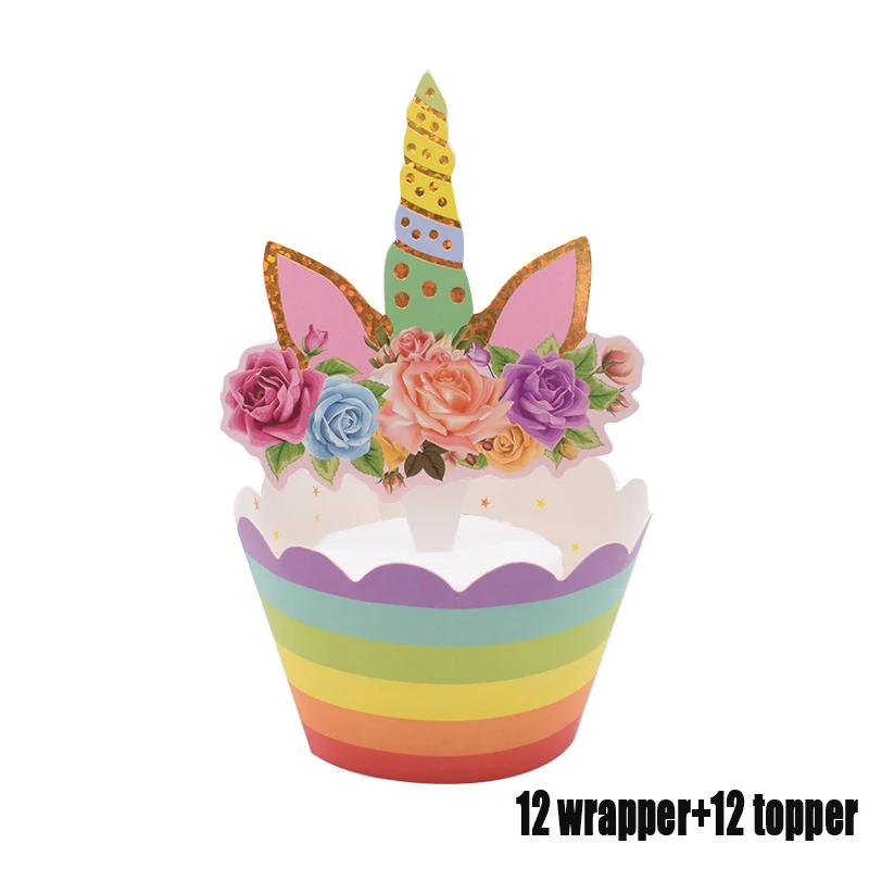 12 wrapper 12 topper Комплект украшений для вечеринки в виде единорога, тарелки, салфетки для стаканчиков, покрытие для стола, для дня рождения, свадьбы - Цвет: 12 wrapper 12 topper