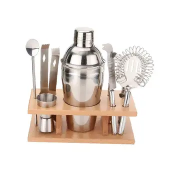 

Professional Cocktail Bartender Bar Set Stainless Steel Bartender Set with Wooden Base Stand Kitchen Accessories Cocktail Bar